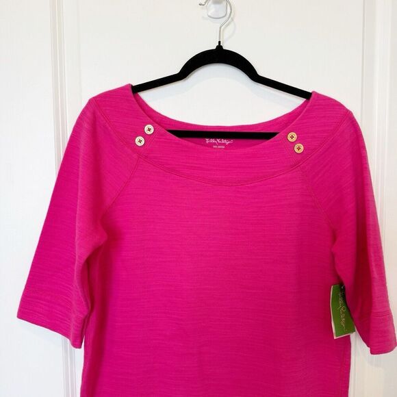 Lilly Pulitzer Pink Dress Womens Medium Tunic Boat Neck Gold Button Southern NWT - Picture 2 of 8